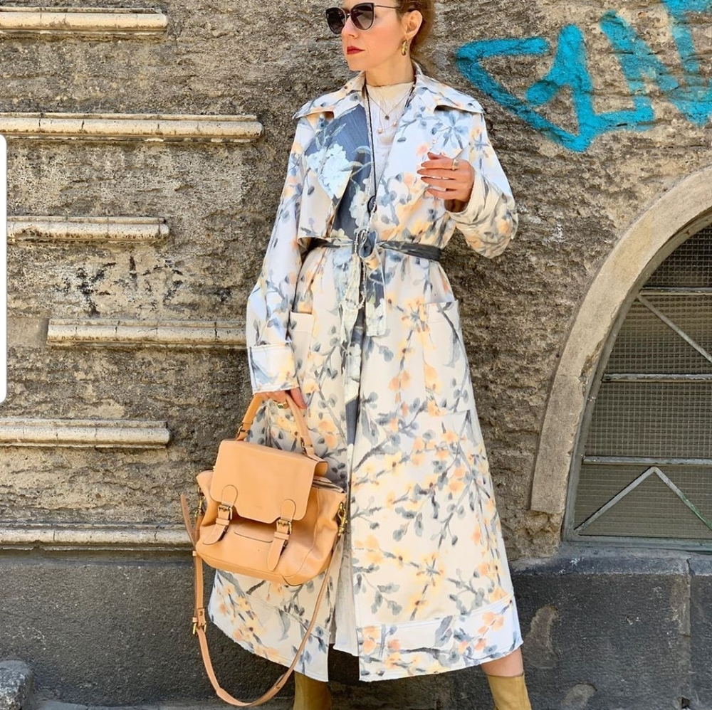 Zara Floral Trench Coat - Cream and Gray